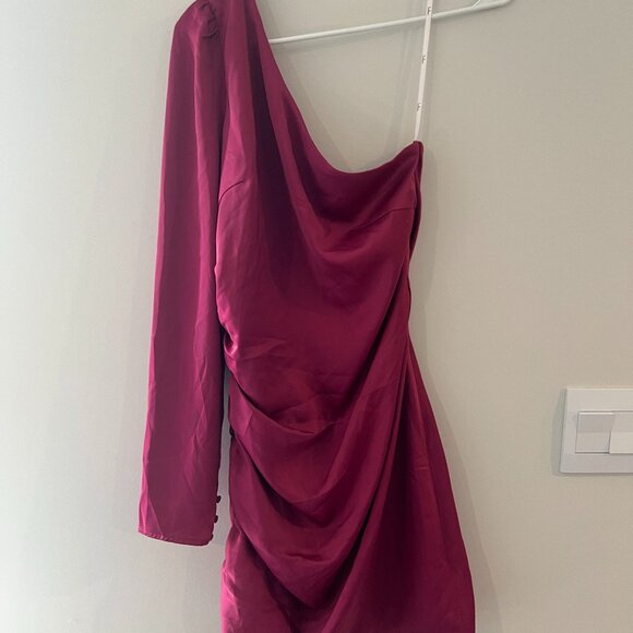 Lulus Magenta Happy Hour Satin Ruched One-Shoulder Mini Dress Women’s Size M - Picture 4 of 11